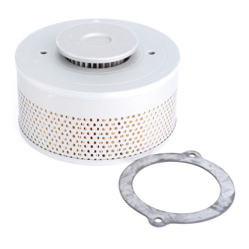 The AGCO Fendt Filter Element (F285102050010) is a round air filter featuring a perforated metal casing and central opening, specifically designed for Fendt models. It includes a metal gasket ring with two attachment holes to safeguard hydraulic components effectively.