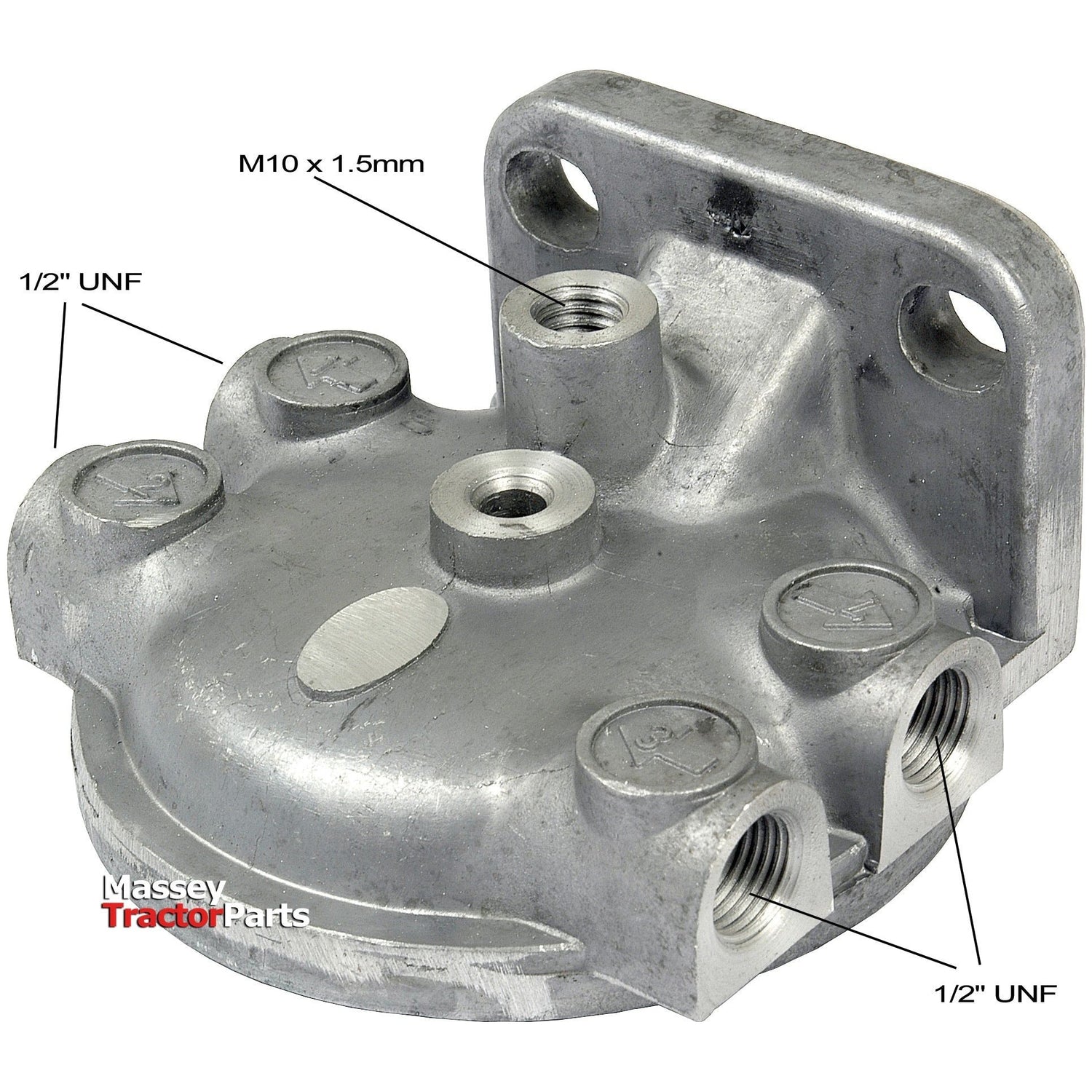 Image showing a metallic component with labeled measurements: M10 x 1.5mm, 1/2" UNF (two places). The piece has a rounded base and multiple threaded ports. A "Sparex" logo is visible, labeled as Filter Head | Sparex Part No.S.42127, compatible with Case IH/International Harvester filter head systems.