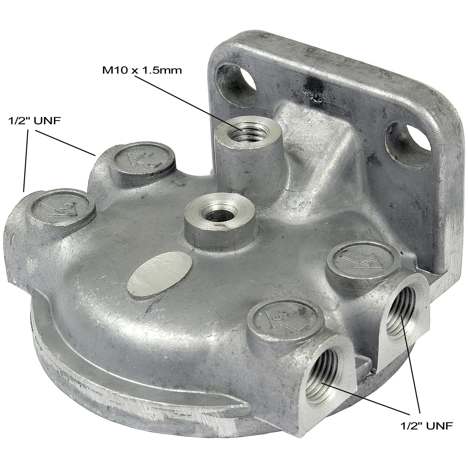 The Sparex Filter Head (Part No. S.42127) is a metal component featuring multiple threaded ports labeled 1/2" UNF and M10 x 1.5mm. It has a rounded base and a flat mounting section with two holes, making it suitable for Ford/New Holland and Case IH/International Harvester applications.