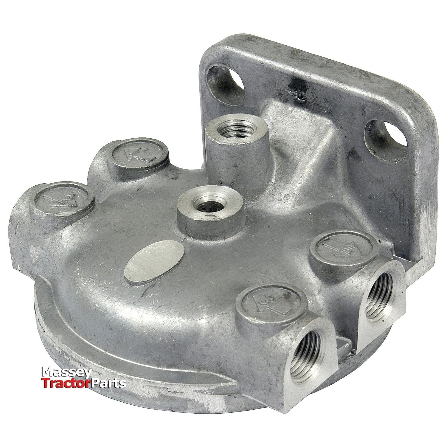 A metal filter head, identified as Sparex Part No.S.42127, designed with three threaded holes, four capped openings, and featuring an embossed Massey Tractor Parts logo. This part is compatible with Case IH/International Harvester models.