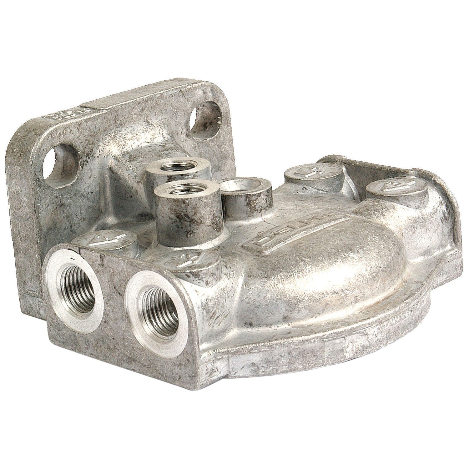 The Sparex Filter Head (Sparex Part No. S.58765) is a metal mechanical component featuring multiple threaded holes and a ridged exterior, making it ideal for fluid or gas connections in Massey Ferguson applications.