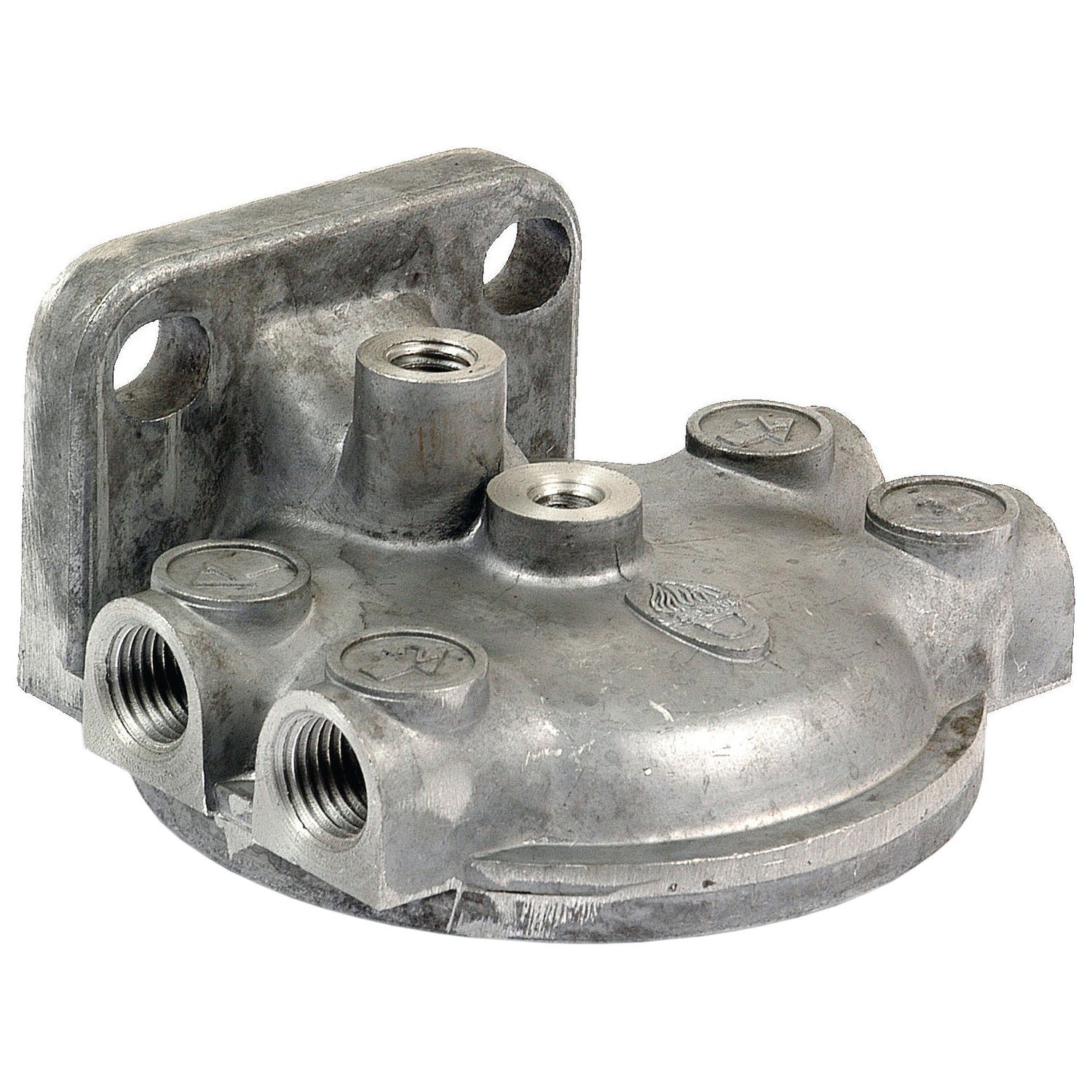 The Sparex Filter Head (Part No. S.59081) is a metallic industrial component with three threaded openings and a flat mounting plate featuring two holes, commonly used in tractors as a filter head.