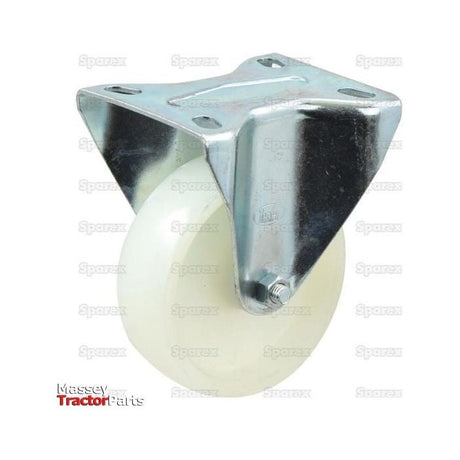 The Sparex Fixed Plastic/Nylon Castor Wheel (Sparex Part No. S.52592) features a robust design with a white nylon wheel and a rectangular mounting plate, combining durable plastic and metal for a load capacity of up to 130kgs and wheel diameter of 100mm.