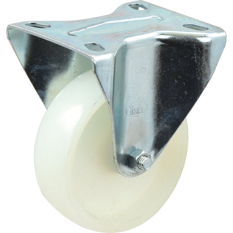 The Sparex Fixed Plastic/Nylon Castor Wheel - Capacity: 130kgs, with a wheel diameter of 100mm (Sparex Part No. S.52592) is a heavy-duty nylon swivel caster featuring a durable white wheel, securely attached to a metal bracket with four mounting holes.