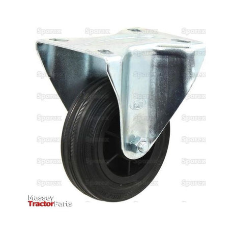 A Sparex Fixed Rubber Castor Wheel (Sparex Part No. S.52577) with an 80mm diameter and a 50kg capacity, mounted on a metal bracket, commonly used as a replacement part for material handling equipment, against a white background. The image includes the Massey Tractor Parts logo.