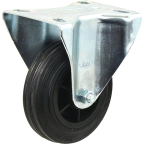 The Sparex Fixed Rubber Castor Wheel (Sparex Part No. S.52577) is a metal swivel caster featuring an 80mm black rubber wheel, designed for mounting on furniture or equipment to provide mobility and support up to 50kgs capacity.