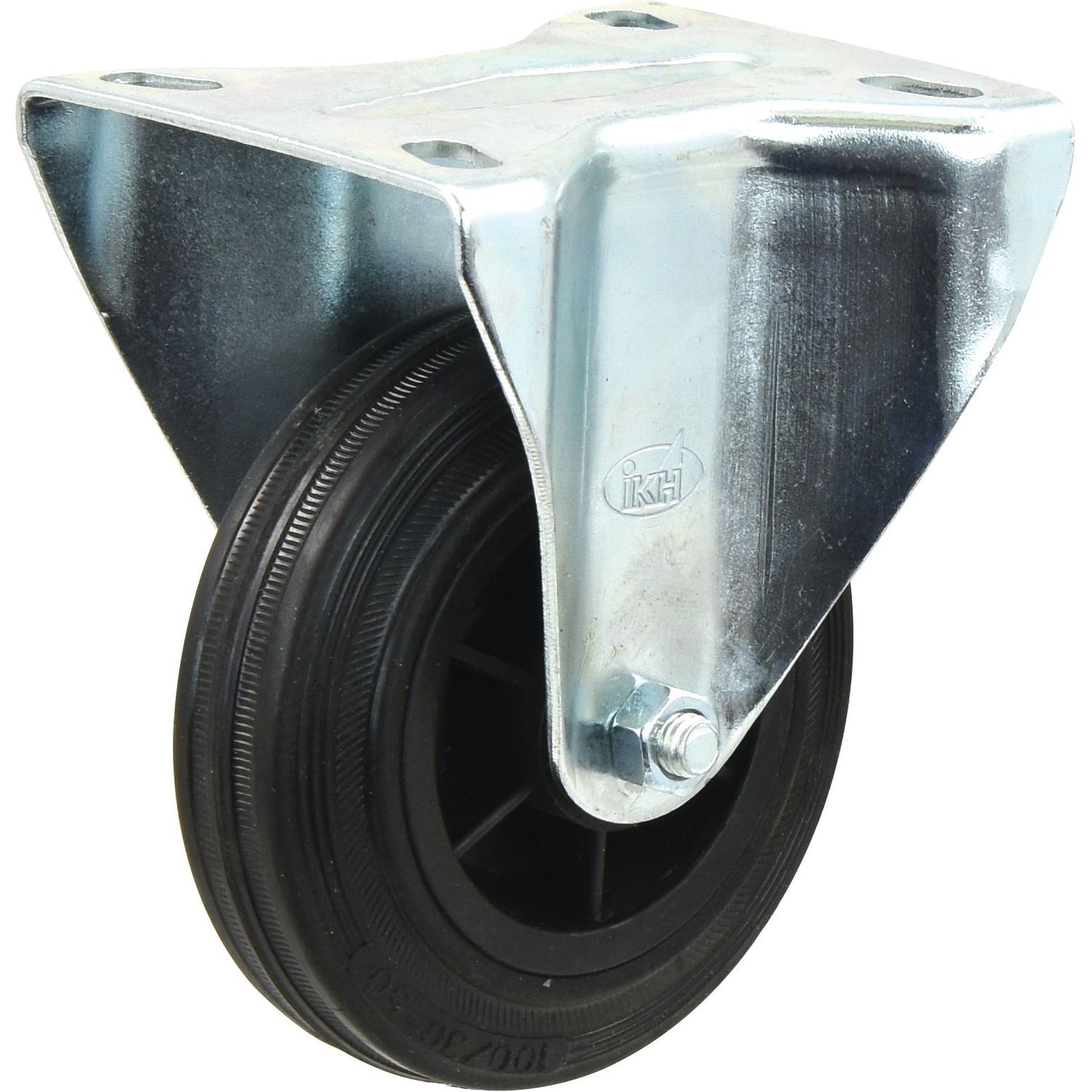 A single black fixed rubber caster wheel with a metal mounting plate and bolt, featuring an 80mm wheel diameter and a robust design, from Sparex (Sparex Part No. S.52577) with a capacity of 50kgs.