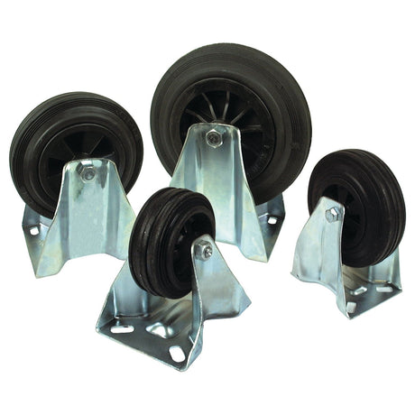 Four black caster wheels of varying sizes, including a Sparex Fixed Rubber Castor Wheel (Part No. S.52597) with a 100mm wheel diameter and a 75kg capacity, are arranged in a group with silver metal brackets.