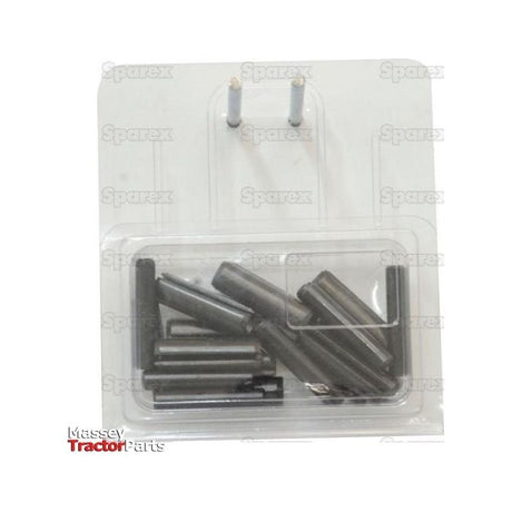 A plastic pack containing several cylindrical metal dowel pins, labeled "Fixing Kit 10 pcs Agripak Replacement for Howard | Sparex Part No.S.22936," suitable for Howard Fixing Kit replacements.