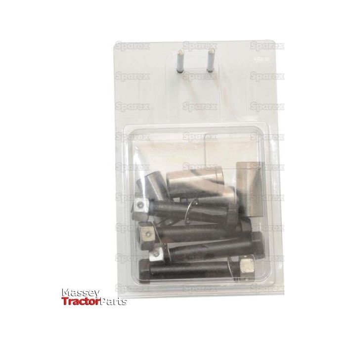 A clear plastic container labeled "Sparex F12 Fixing Kit" holds a package of small black metal components. Attached to the top of the packaging are two white cylindrical objects. This kit, identified by Sparex Part No.S.22933, includes 4 bolts, 4 bushes, and 4 nuts.
