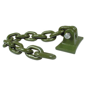 The Sparex Flail Chain Assembly 1/2'' x 13 Link, designed as a replacement for Fraser and fitting as part number 81536 (Sparex Part No. S.78853), is attached to a green metal base by a bolt. This metallic green flail chain assembly serves as the perfect replacement for Fraser equipment.