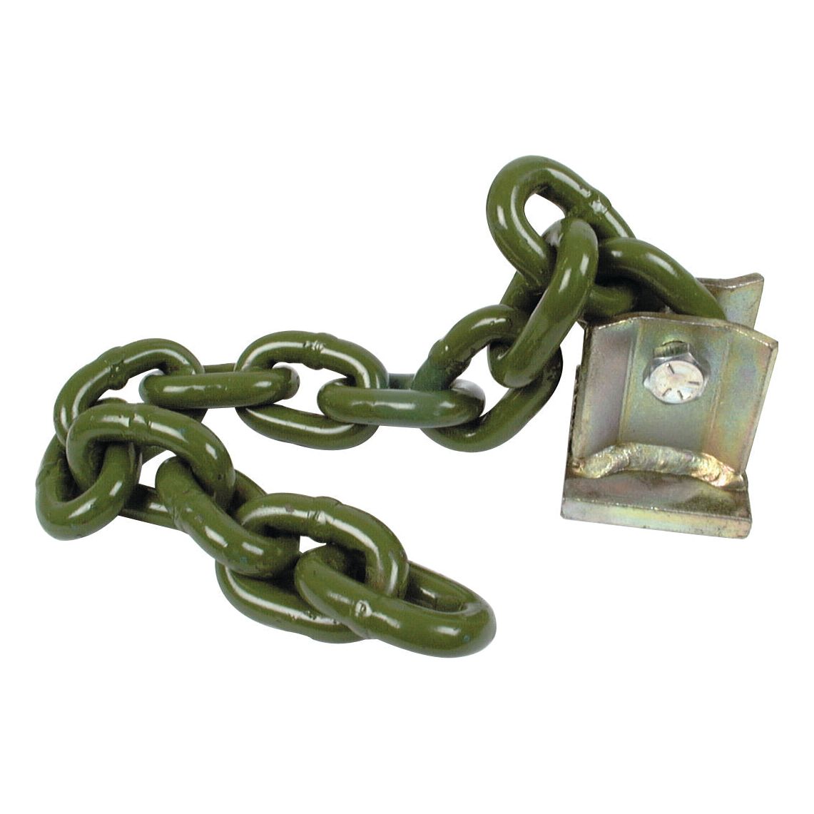 A green metal chain attached to a small metal bracket with a screw, part of the Sparex Flail Chain Assembly 1/2'' x 13 Link Replacement for Kidd.