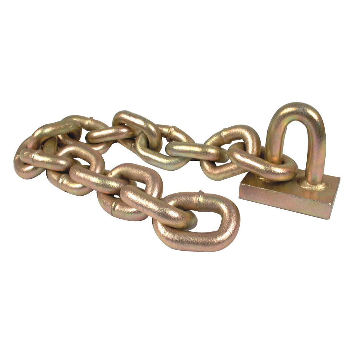 A close-up image of the Flail Chain Assembly 9/16'' x 15 Link Replacement for Marshall by Sparex (Part No. S.78872), featuring thick, interlocking links and an attached rectangular base with a U-shaped shackle.