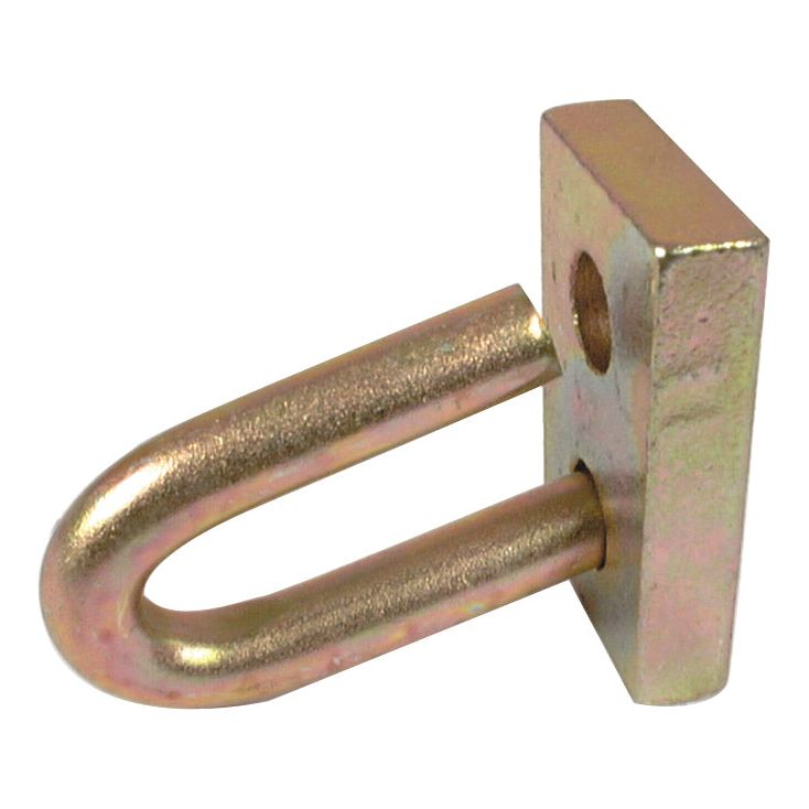 A U-shaped metal rod is attached to a rectangular metal block with a hole, similar to the sturdy design of the Sparex Flail Head - Standard Duty Supplied with Half Link, which is a replacement for Marshall (Sparex Part No. S.78874).