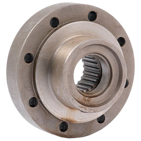 A close-up of the Sparex Flange Coupling (Sparex Part No. S.7732) reveals a metallic gear hub with flange coupling and bolt holes around the perimeter, showcasing an internal spline for rotational movement connection.
