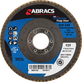A close-up of a Sparex Flap Disc Ø115 x 10 x 22mm with 40 grit labeled S.50138. Designed for maximum performance on stainless steel, this disc boasts specifications including a maximum of 13,300 RPM.