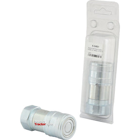 The Sparex Flat Faced Coupling, labeled as "S.24831 Hydraulic Hose Coupler," features a 1/2'' BSP female thread and is constructed from durable carbon steel. Available in one unpackaged unit and another in retail packaging (Agripak 1 pc.), these couplings ensure reliable performance in demanding applications.