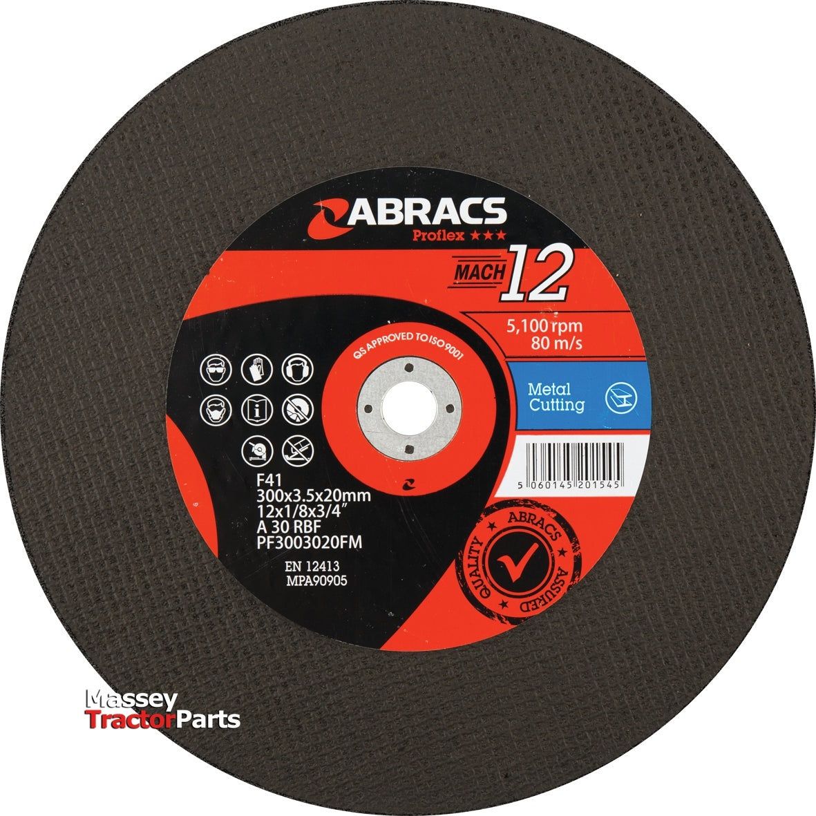 The Sparex Flat Metal Cutting Disc⌀300 x 3 x 20mm A30RBF - S.119766 is a high-performance abrasive cutting disc designed for metal cutting, featuring a 300mm diameter, 3mm thickness, and a 20mm bore. It boasts a professional quality finish and an exceptional cost per cut ratio for efficiency.