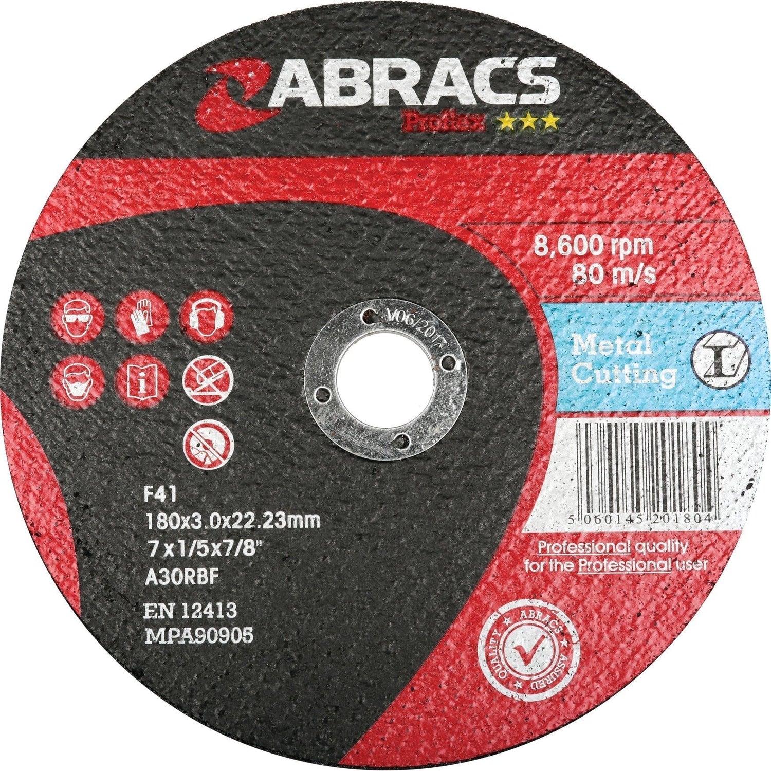 A close-up of a Sparex Flat Metal Cutting Disc Ø178 x 3 x 22.23mm A30RBF - S.11751 labeled "Professional quality for the Professional user" with specifications: 178x3.0x22.23mm, 8600 rpm, 80 m/s, and various certification symbols—ideal for steel cutting.