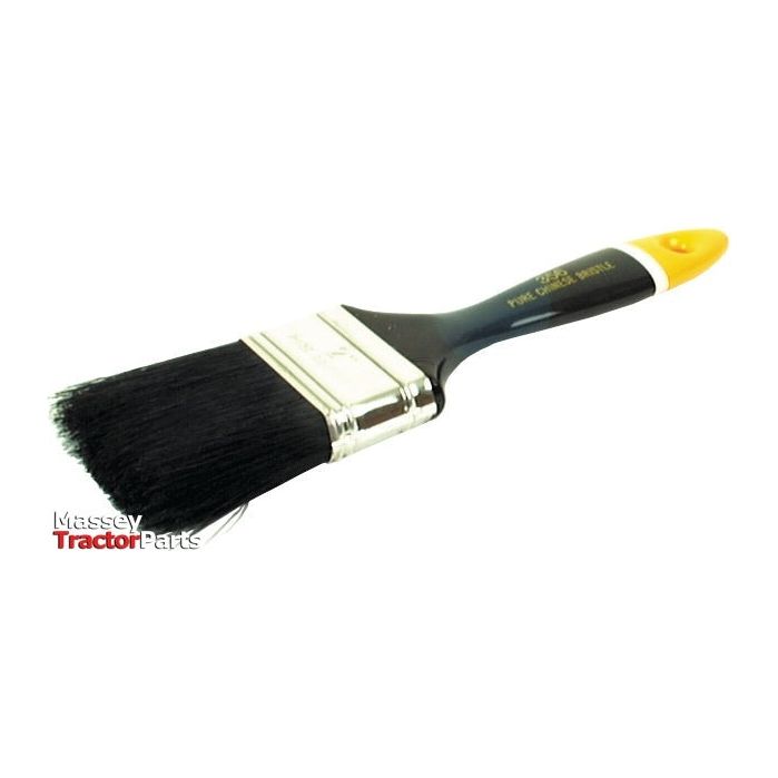 A black paintbrush with a silver ferrule and a deluxe yellow wood handle is displayed on a white background. The brush, branded as Sparex, has the words "PURE BRISTLE" written on it and features a "Massey Tractor Parts" logo near the base. This specific model is identified as the Flat Paintbrush - Deluxe, 50mm (Sparex Part No.S.12777).