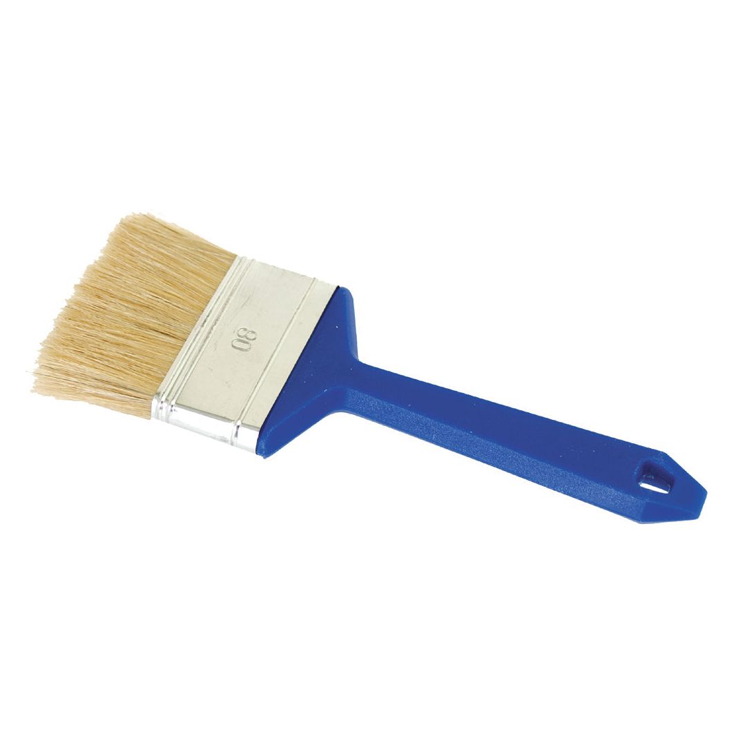 The Sparex Flat Paintbrush - Economy, 80mm (Part No. S.12773) features beige bristles, a silver metal ferrule, and a blue plastic handle, offering excellent value for your painting projects.