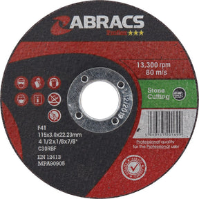 A circular Sparex Flat Stone Cutting Disc, ⌀115 x 3 x 22.23mm (C30RBF - S.20205), is designed for accuracy and long life. With specifications and safety icons, the disc operates at a speed of 13,300 RPM.