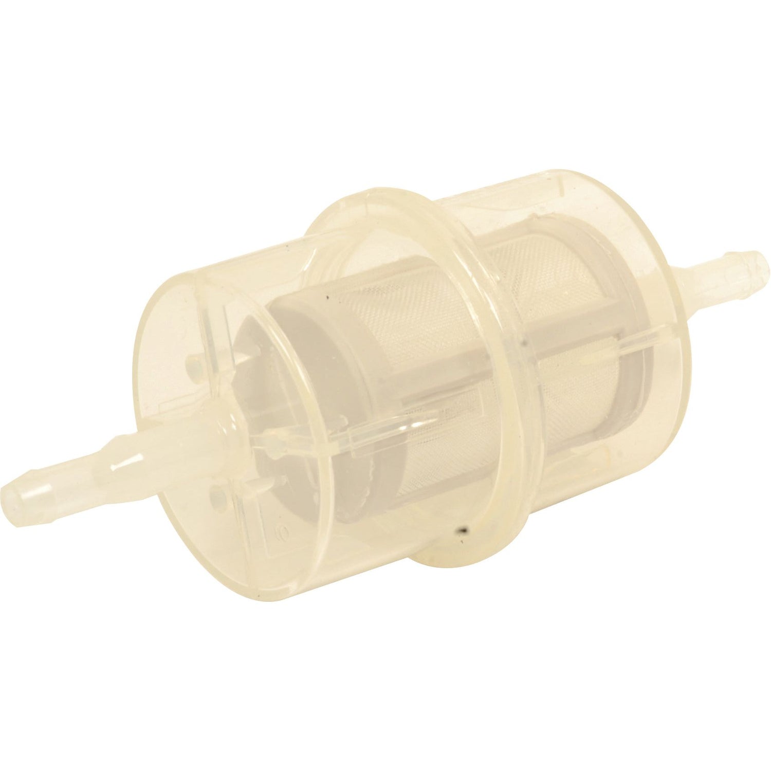Close-up of a small, transparent inline Fuel Filter - In Line - FF5430 | Sparex Part No.S.73462 with a cylindrical body and mesh filter element inside. Both ends feature barbed connectors for fuel line attachment, compatible with Case IH.