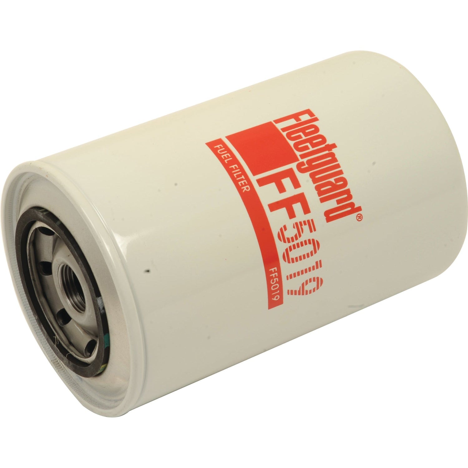 A white cylindrical fuel filter with a metal base, labeled "Fuel Filter - Spin On - FF5019" in bold red text, from the Sparex brand.