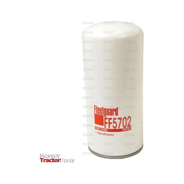 A white cylindrical Spin On fuel filter labeled "Fuel Filter - Spin On - FF5702 | Sparex Part No.S.34595" from the brand Sparex, featuring a red logo and placed against a white background.