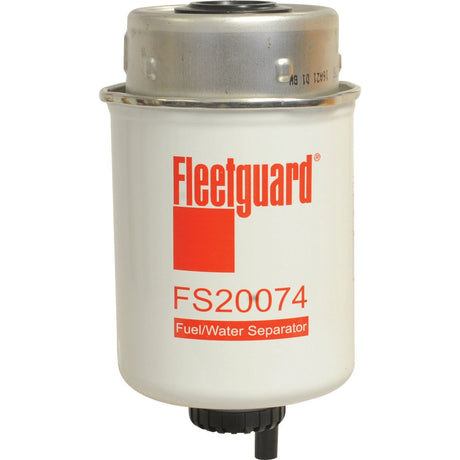 The Sparex Fuel Separator - Element - FS20074, displayed with a white cylindrical body and red text on the label, provides outstanding filtration with its advanced Fleetguard Micron Rating. It is also compatible with John Deere equipment for seamless integration.
