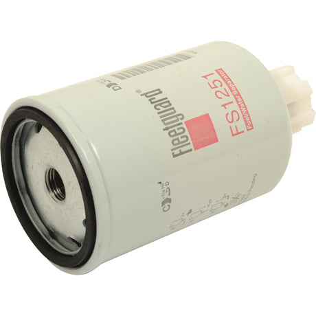 A cylindrical white fuel filter labeled "Sparex FS1251" with black and red text, designed as a superior fuel separator. Featuring a circular opening on one end, it fits seamlessly with Case IH equipment. This product is known as the Fuel Separator - Spin On - FS1251 | Sparex Part No.S.76278.