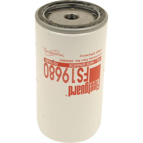 Image of a white Sparex Fuel Separator - Spin On (Sparex Part No.S.73463, FS19680) with red text and a metal top component, showcasing its superior performance with a Micron Rating of 3.