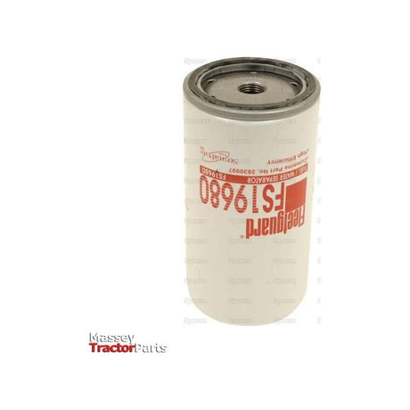 A white Sparex Fuel Separator - Spin On - FS19680, marked with red text, features a Micron Rating of 3 and is showcased on a plain white background.