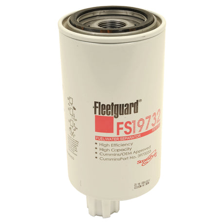 A Sparex Fuel Separator - Spin On - FS19732 (Sparex Part No. S.67927) featuring a white cylindrical body with printed specifications in black and red text.
