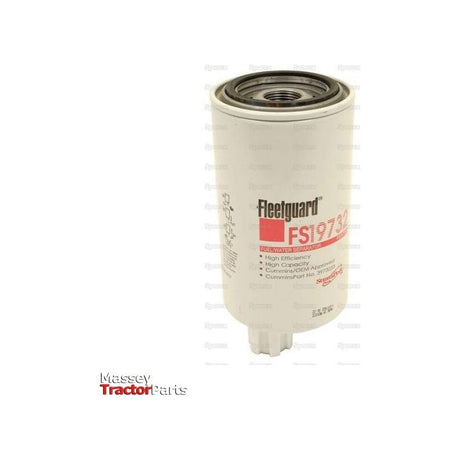 Image of the Sparex Fuel Separator - Spin On FS19732, featuring high efficiency and high capacity, suitable for specific fuel systems. The label includes technical specifications and the Massey Tractor Parts logo. Ideal for MAGNUM Series applications, this filter serves as an excellent fuel separator.