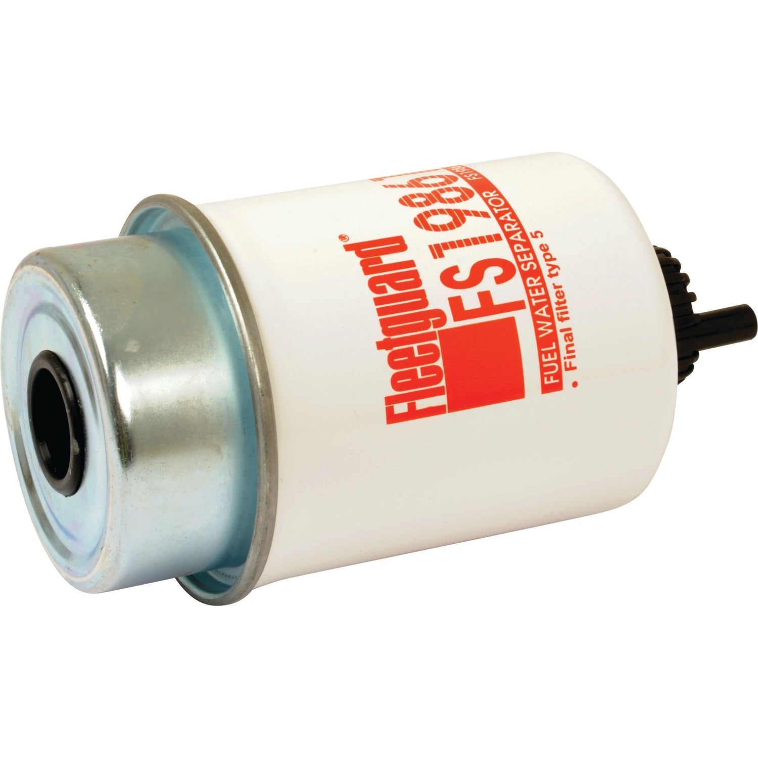 Introducing the Sparex Fuel Separator - Spin On (Part No.S.76320), model FS19861. This white fuel water separator, adorned with red and black text, features a durable metal base and a threaded top. Designed to filter out particles as small as 5 microns, it ensures your engine runs smoothly.