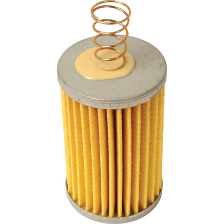 The Hydraulic Filter - Element - HF6186, also known as Sparex Part No. S.76629, features a cylindrical design with yellow pleated paper and metal end caps, complemented by a coiled spring at the top. Designed for Renault compatibility, this model operates efficiently under the Sparex brand.