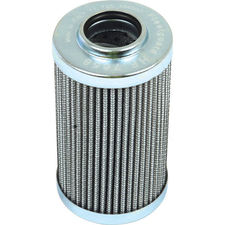 A cylindrical metal hydraulic filter with ridged sides and a circular opening is seen against a plain white background. The top has etched text that reads "Sparex HF7658," commonly used in Ford New Holland machinery.