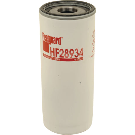 A Sparex Hydraulic Filter - Spin On - HF28934, cylindrical in shape with a white body and red text, standing upright. This Deutz-Fahr compatible Sparex hydraulic filter ensures your equipment runs smoothly and efficiently.