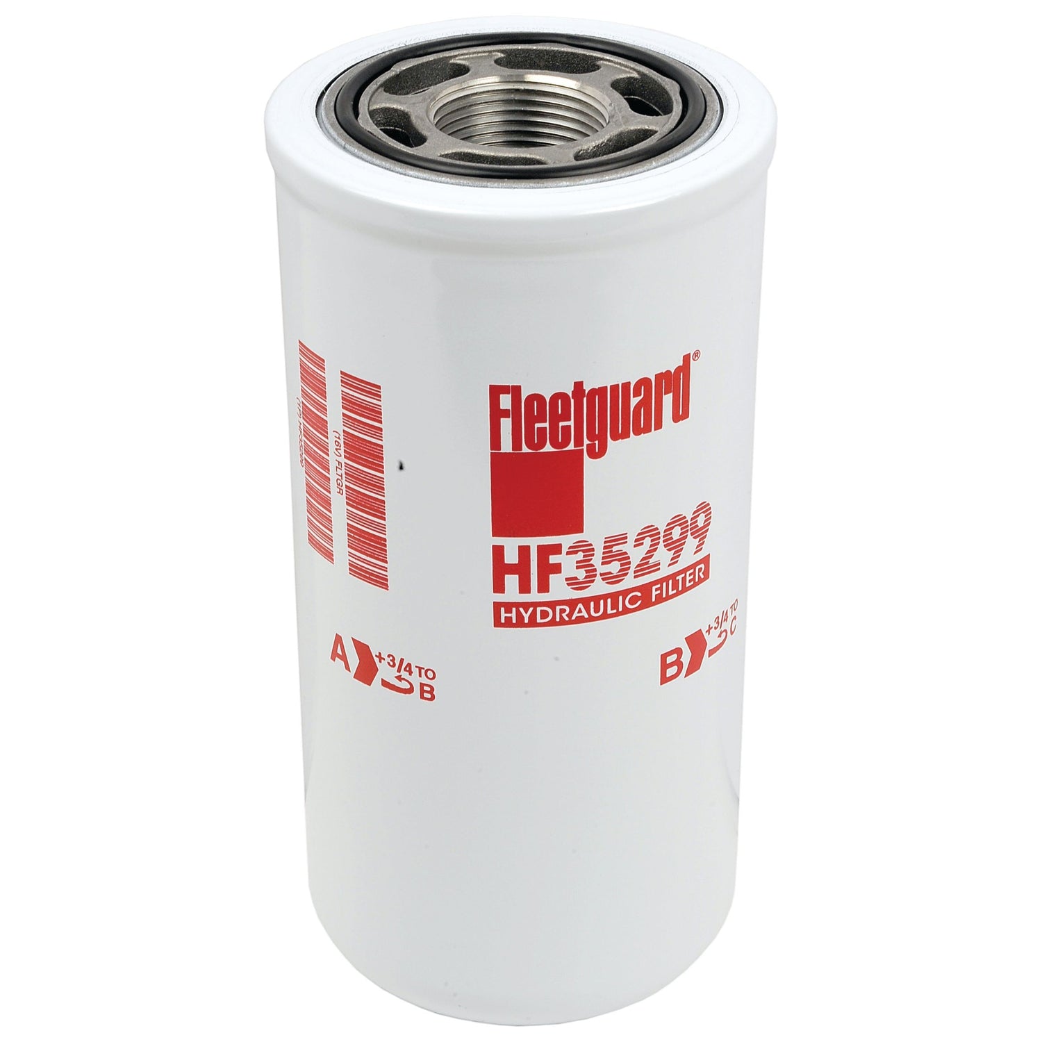 A white Sparex HF35299 hydraulic filter (S.109244), featuring red lettering, detailed specifications, and an open metallic top—ideal for John Deere filters.