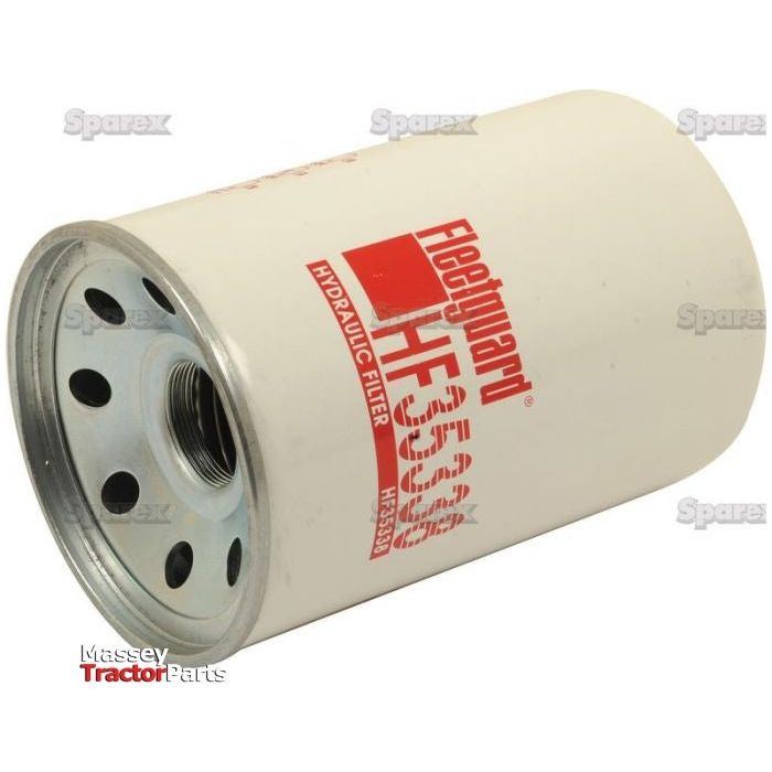 Image of a white Sparex Hydraulic Filter - Spin On - HF35338 (Sparex Part No. S.57867) with red text and logo. The filter, designed for Case IH International Harvester machinery, is displayed on its side, revealing the threaded opening and multiple circular holes on the metal end.
