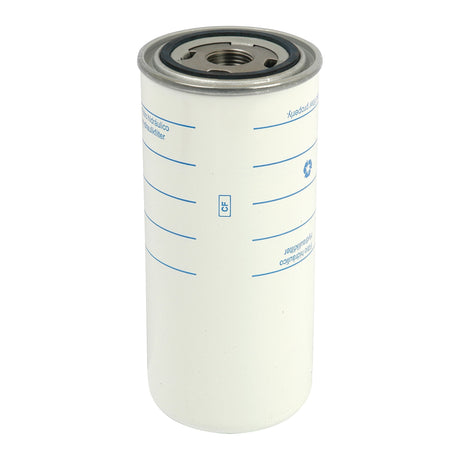 The Sparex Hydraulic Filter - Spin On - HF6141 (Sparex Part No. S.55702) is a cylindrical white oil filter with a metal top, showcasing blue printed text and symbols on its body. This Fleetguard hydraulic filter features a thread size of 1 - 12 UNF-2B.