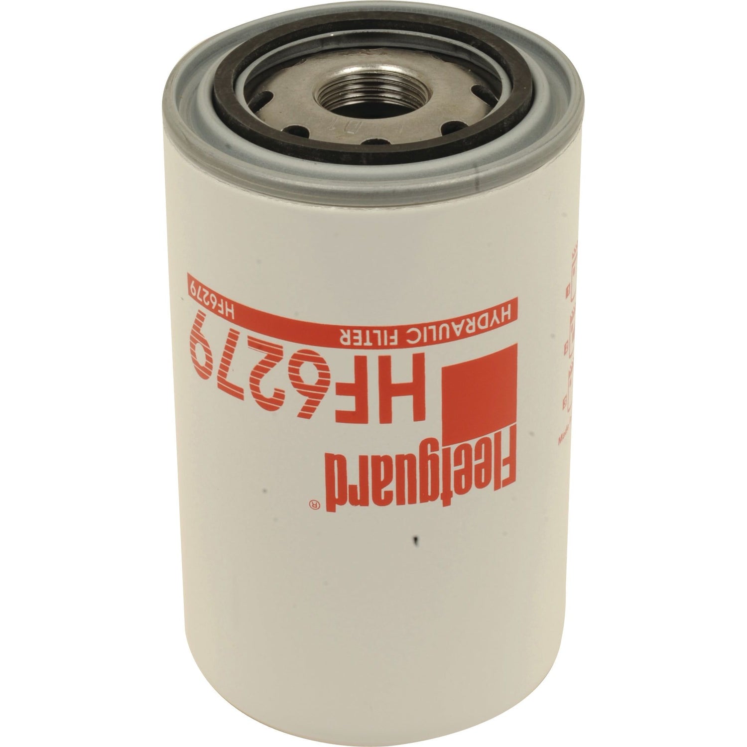 A white Sparex hydraulic filter labeled HF6279 (Sparex Part No. S.76531) with a cylindrical shape and a metal top featuring multiple openings, suitable for Fleetguard and Ford New Holland equipment.
