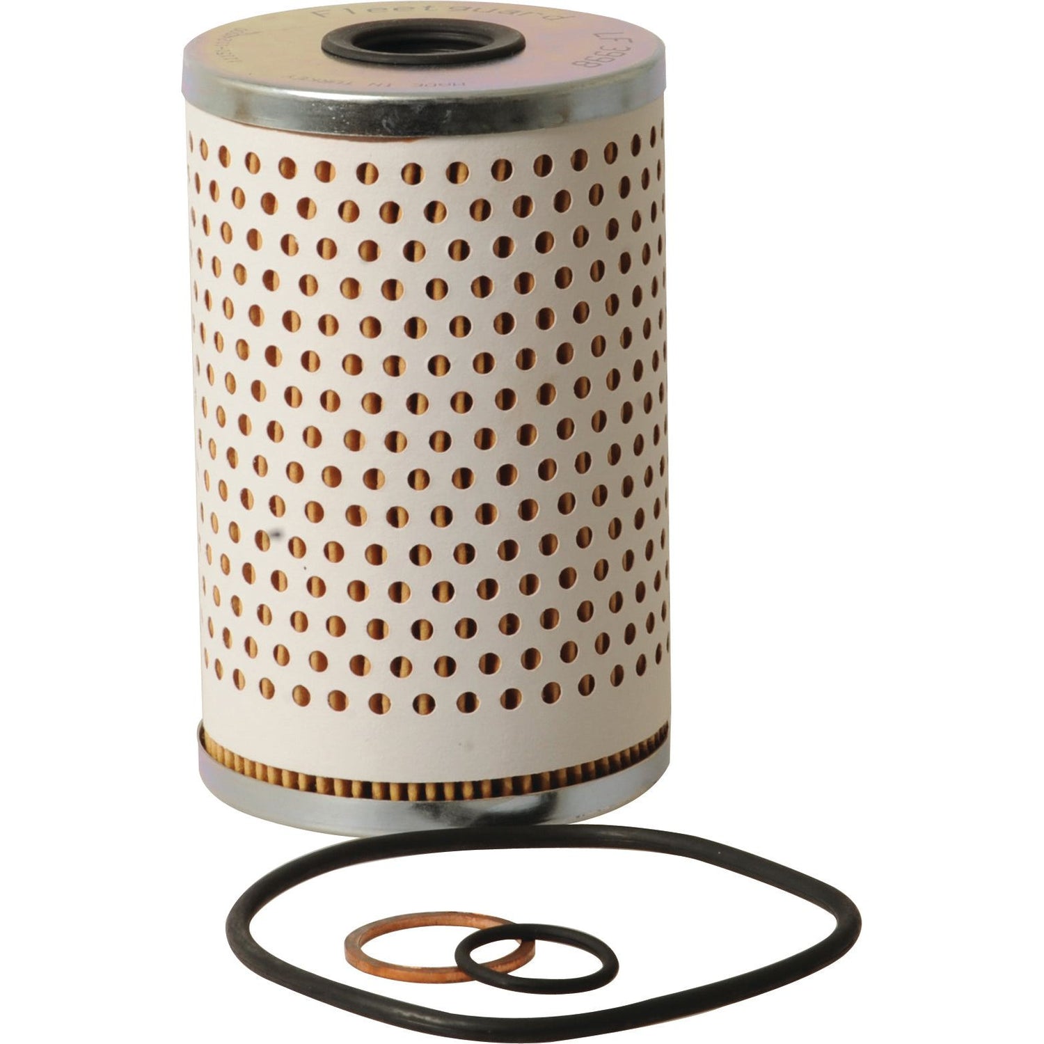 A cylindrical Sparex oil filter (Element - LF3998 | Sparex Part No.S.76852) with a perforated exterior, commonly seen in Mercedes Benz filters, comes with two rubber O-rings and a copper washer.
