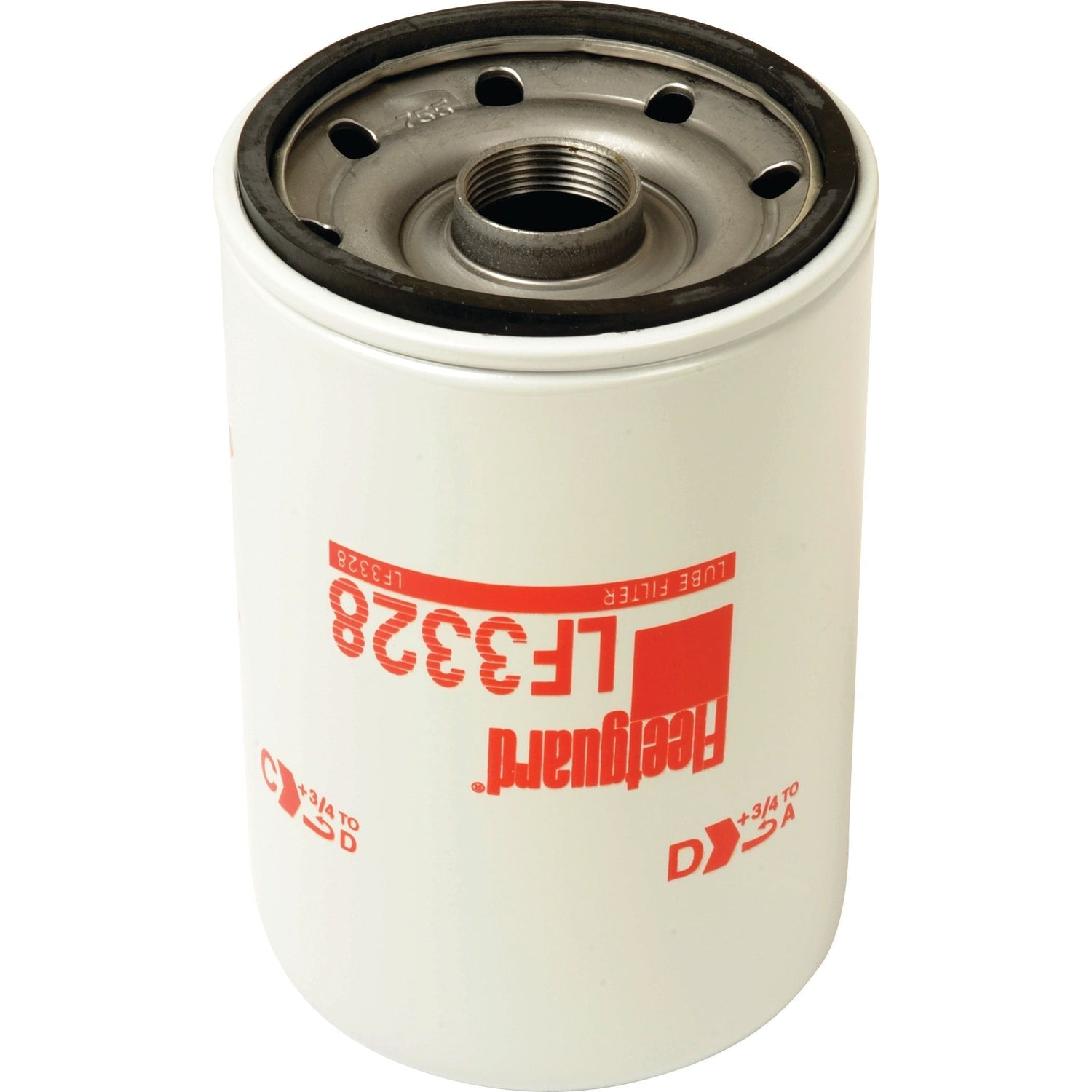 A white cylindrical oil filter branded as "Sparex" with the product name "Oil Filter - Spin On - LF3328, Sparex Part No. S.76794," adorned with red labeling. This filter includes a metal top featuring several holes and a threaded center, designed to fit thread size 11/8 - 16 UN-2B for seamless installation.