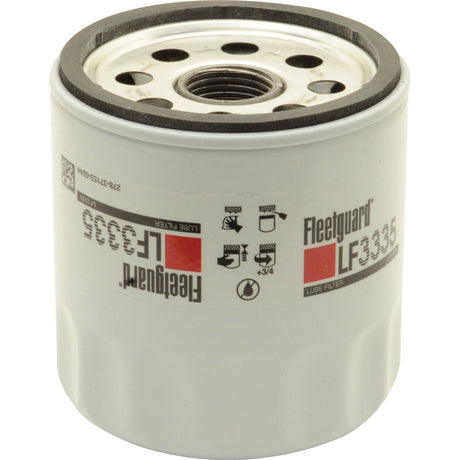 A Sparex Oil Filter - Spin On - LF3335 (Sparex Part No. S.109618) with a white cylindrical body and printed product details in black and red. Top view shows multiple holes and a threaded center with thread size 3/4 - 16 UNF-2B.