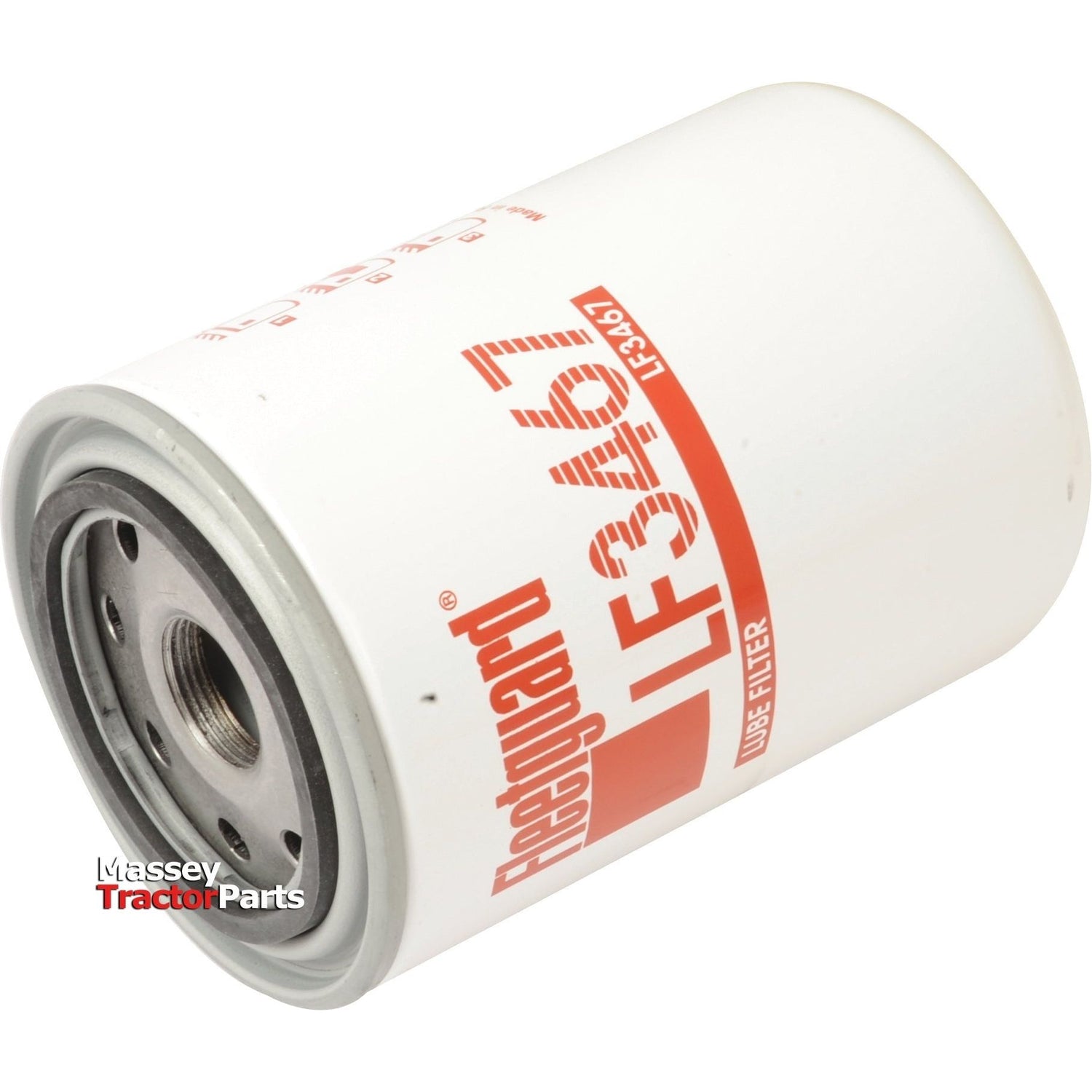 A white Sparex Oil Filter - Spin On - LF3467 (Sparex Part No. S.109412) with red and black text, arranged horizontally on a white background, suitable for John Deere 5075E tractors.