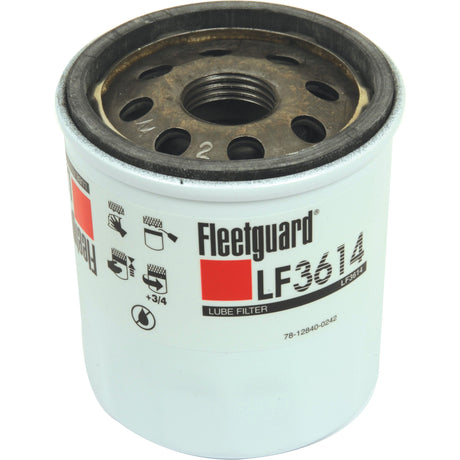 A Sparex LF3614 oil filter, identified by Sparex Part No. S.109429, features a white exterior with black text and red oil filtration symbols. Compatible with John Deere 2500, it has a threaded metal top section for easy installation.