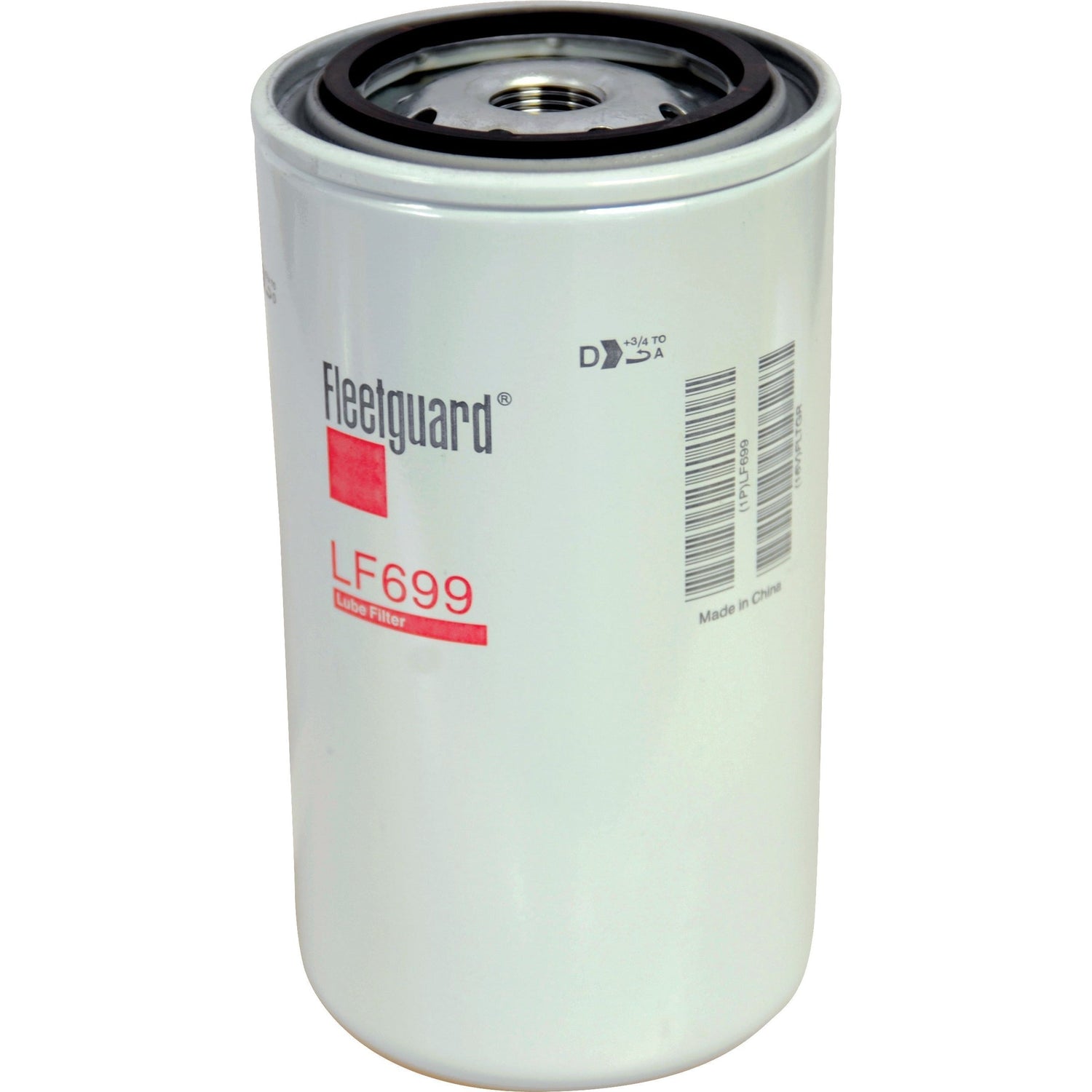 A Sparex Oil Filter - Spin On - LF699 (Sparex Part No. S.109512), featuring a white cylindrical body and a black rubber seal on top, designed with a 3/4 - 16 UNF-2B thread, has text and a barcode printed on the side.