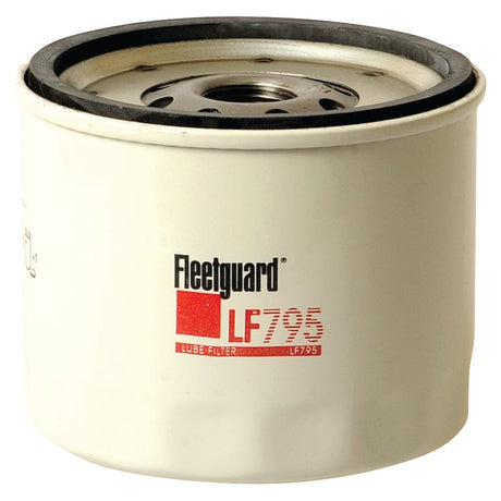 A Sparex LF795 oil filter, cylindrical in shape, with a white body and red and black text on the surface, designed for Ford/New Holland machinery.